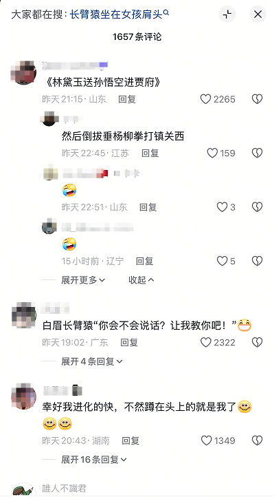 小姐姐头顶长臂猿“帽衫”巡山 网友：这班味有点重啊