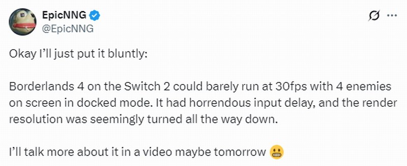 曝《无主之地4》NS2版表现糟糕 主机模式勉强30帧
