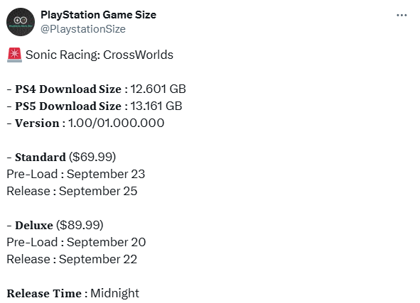 《索尼克赛车：交叉世界》PS5版容量公布！月底开启预载