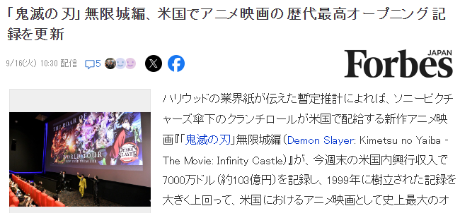 《鬼灭之刃》动画电影登陆美国 刷新历史最高票房纪录