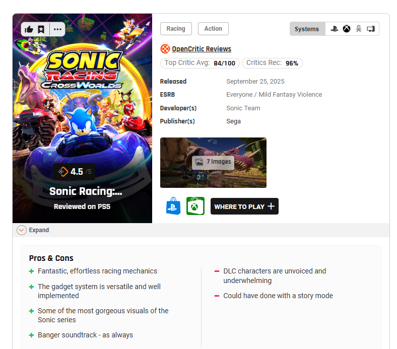 《索尼克赛车：交叉世界》 媒体评分解禁 M站均分83分好评！